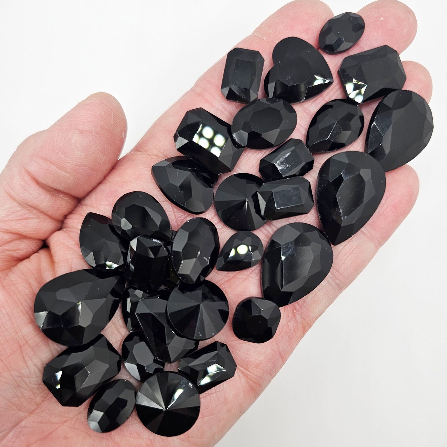 30 Pcs Opaque Black Mixed Shapes and Sizes Glass Point Back Gems Jewels Rhinestones Hearts Teardrop Rectangle Oval 10x14mm 13x18mm 18x25mm