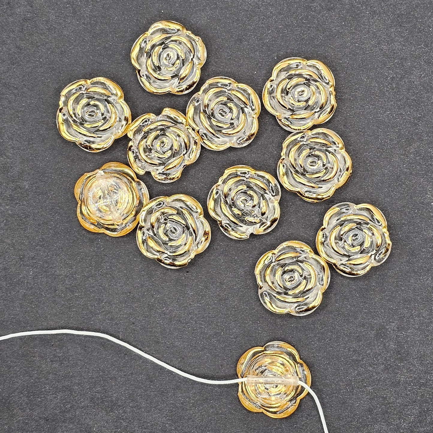 10/30 Pcs Gold Trim Transparent Rose flower Cabochon Resin Flat Back Cabochons, Beads, charms with hole 18mm #CAB187