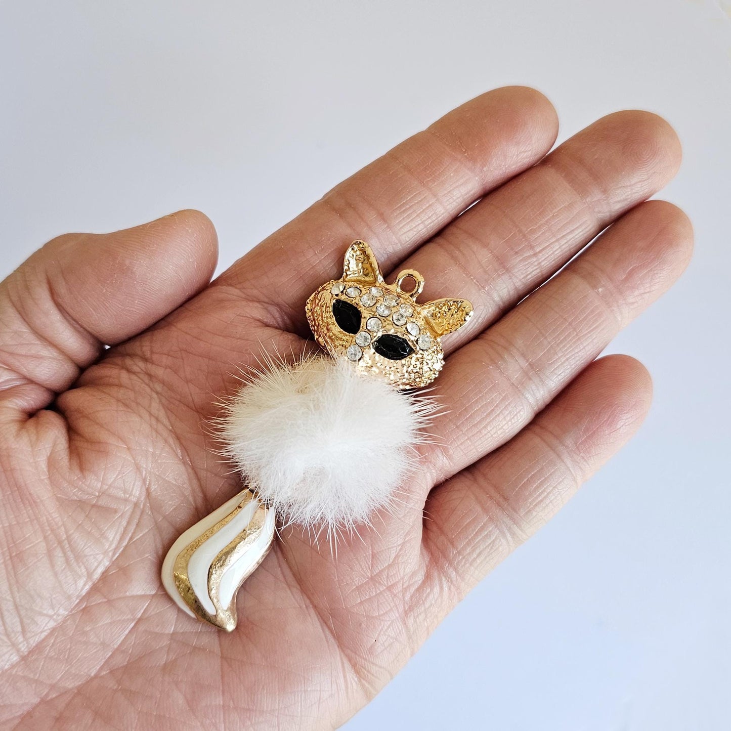 2 Pcs Rhinestone Furry Fox Alloy Gold Bling Gorgeous Luxury Sparkling Plush Fox Charm Pendant DIY 70mm X 27mm