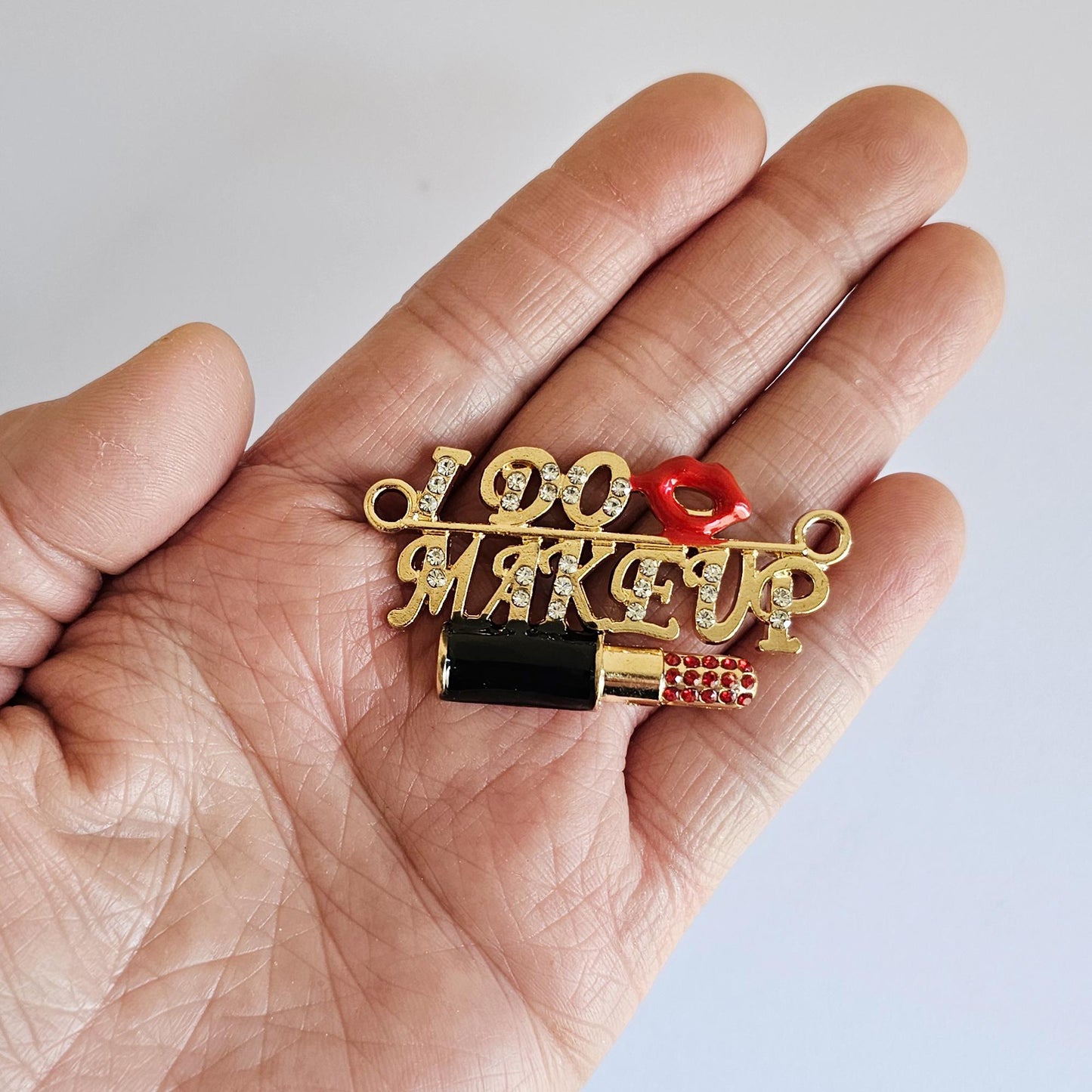 2 Pcs Rhinestone "I DO Lip MAKEUP" Lipstick Alloy Gold Bling Embellishment Gorgeous Luxury Sparkling Cabochon DIY 52mm X 25 mm