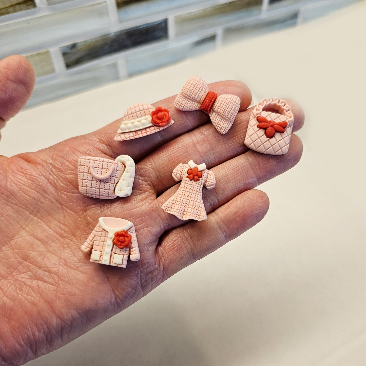 Doll Girls Dress Fashion Dusty Pink Set Cabochons Hat Purse Blouse Coat Bow Flat Back Resin 3 Pcs or 6 pcs Set #CAB069