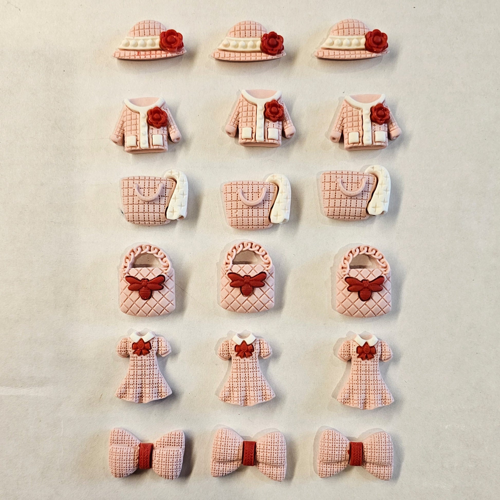 Doll Girls Dress Fashion Dusty Pink Set Cabochons Hat Purse Blouse Coat Bow Flat Back Resin 3 Pcs or 6 pcs Set #CAB069