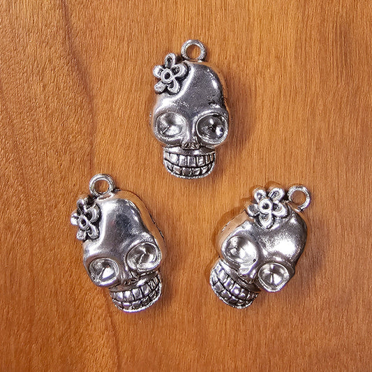 4 Pcs Skull Flower Silver Tone Charms #CM018