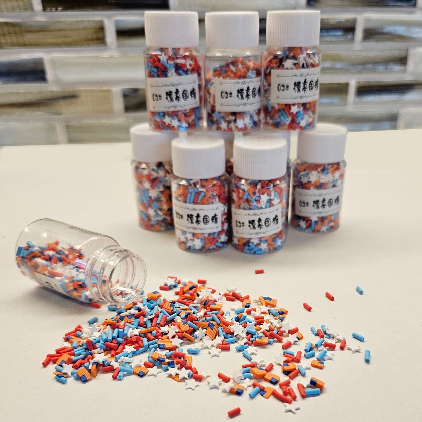 Patriotic American Flag Blue Red White Star Polymer Clay Slices Faux Fake sprinkles 15 gram container #SK002