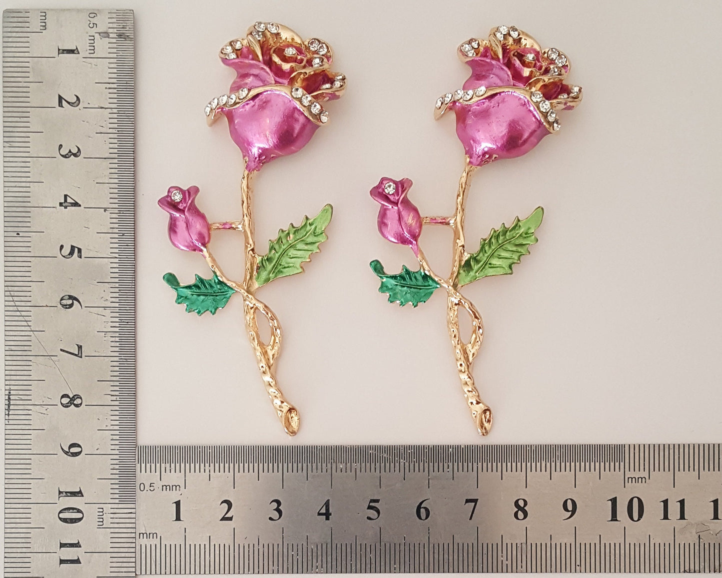 2 Pcs Rhinestone Gold Alloy Pink Rose Bling Gorgeous Luxury Sparkling Flower DIY 80mm X 35 mm
