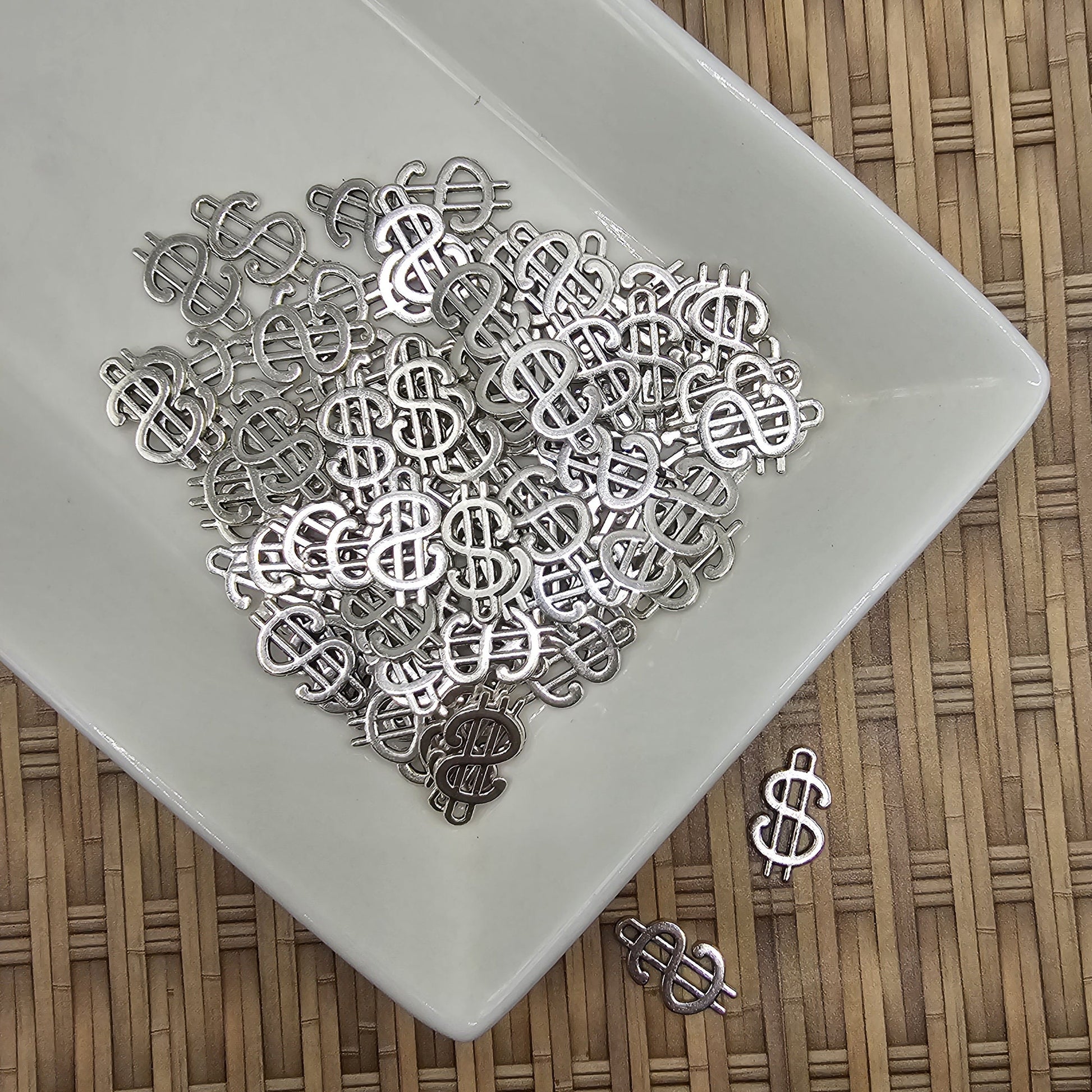 10/25/50 Pcs Dollar Sign Money Symbol Silver Tone Charms, Charm #CM023