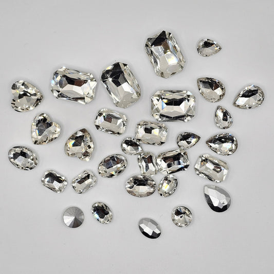 30 Pcs Clear Mixed Shapes and Sizes Glass Point Back Gems Jewels Rhinestones Hearts Teardrop Rectangle Oval Round 10x14mm 13x18mm 18x25mm