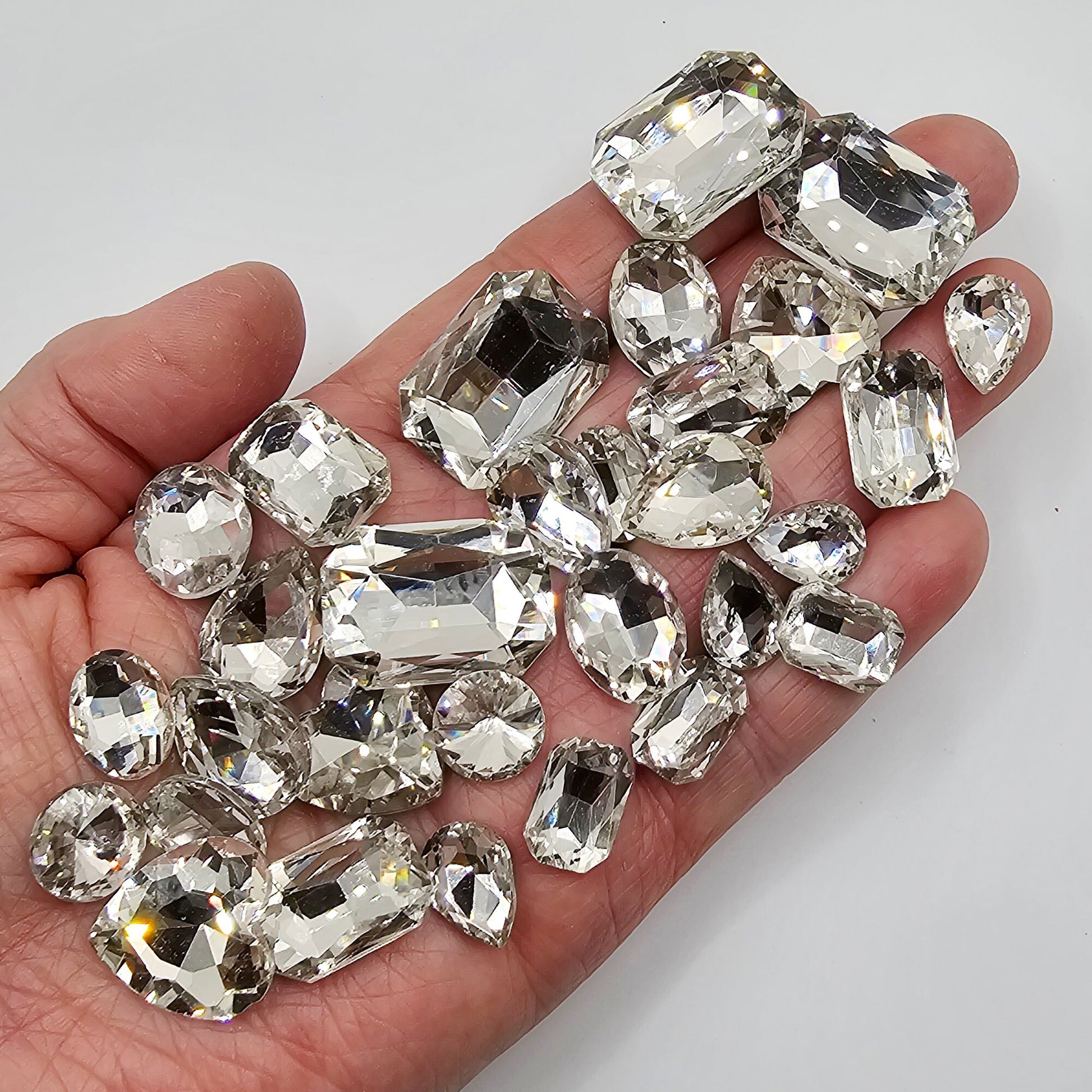 30 Pcs Clear Mixed Shapes and Sizes Glass Point Back Gems Jewels Rhinestones Hearts Teardrop Rectangle Oval Round 10x14mm 13x18mm 18x25mm