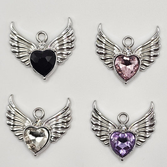 2 Pcs Angel Wing Rhinestone Heart Charms Silver Tone #CM013