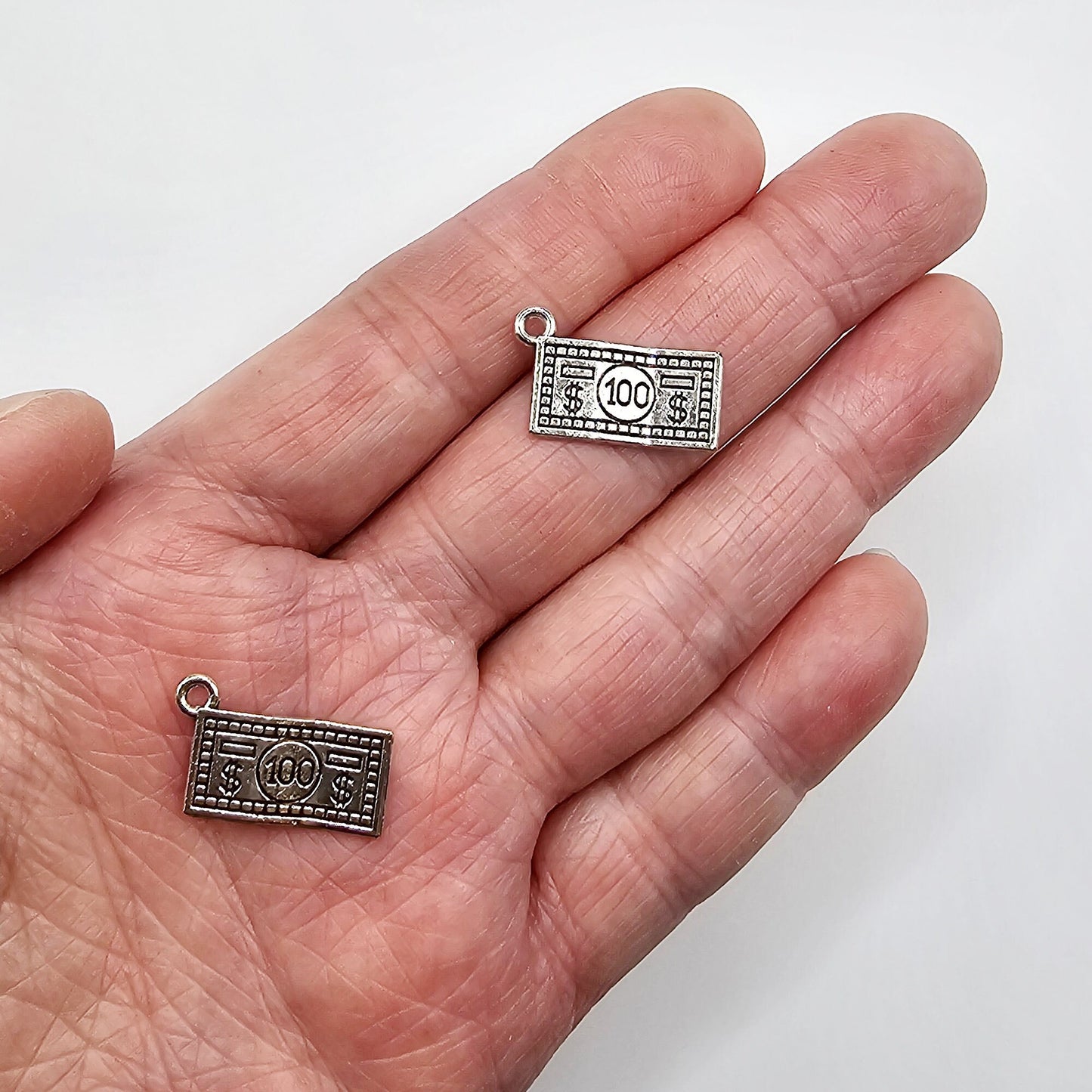 10/25/50 Pcs Double Sided Hundred Dollar Bill Money Charms Silver Tone #CM022