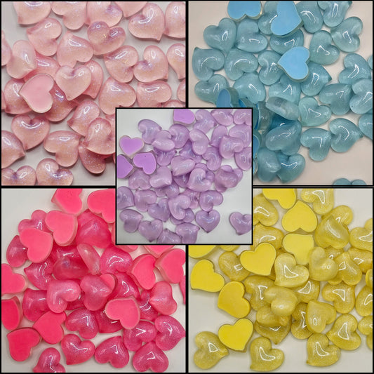 5/15 Pcs Translucent Shimmer Heart Flatback Cabochons, Glitter Hear Flat Back Cabochon, #CAB085