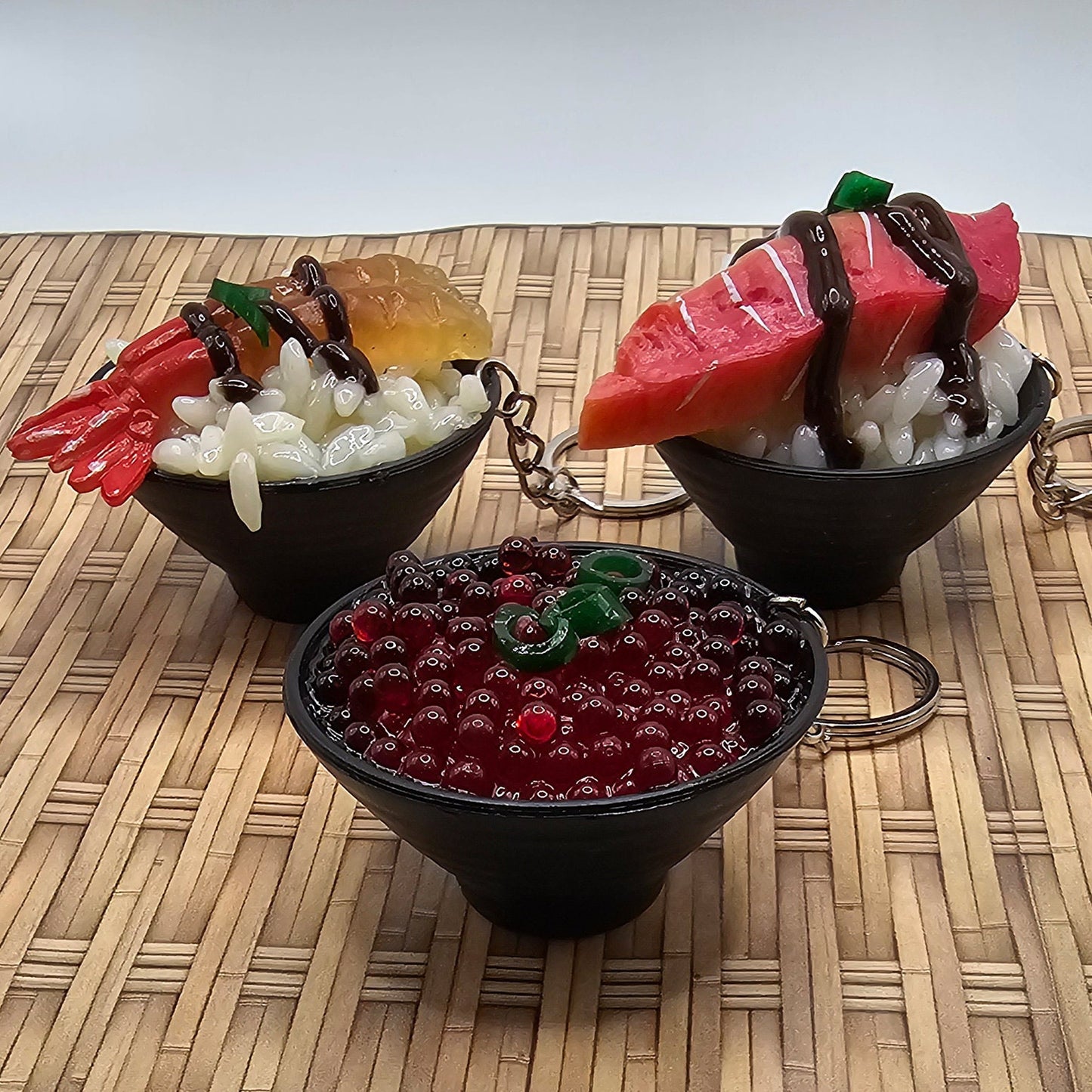 1 Pc Imitation Fake Food Japanese Sushi Rice Bowl, Beef Steak Caviar IKURA EBI Shrimp Key Ring, Key Chain Charms, Charm #KR015-17