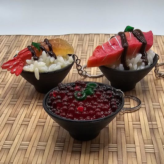 1 Pc Imitation Fake Food Japanese Sushi Rice Bowl, Beef Steak Caviar IKURA EBI Shrimp Key Ring, Key Chain Charms, Charm #KR015-17