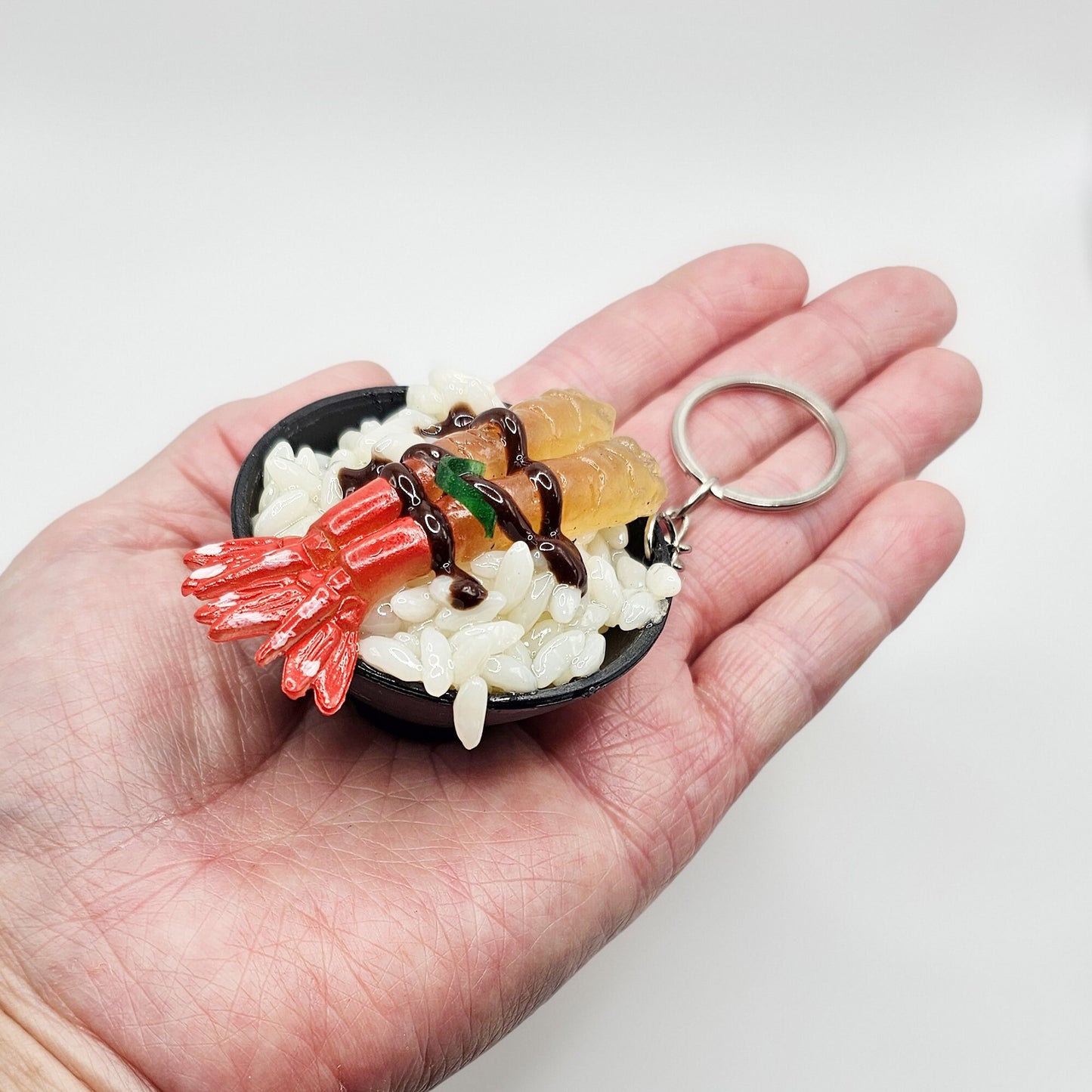1 Pc Imitation Fake Food Japanese Sushi Rice Bowl, Beef Steak Caviar IKURA EBI Shrimp Key Ring, Key Chain Charms, Charm #KR015-17