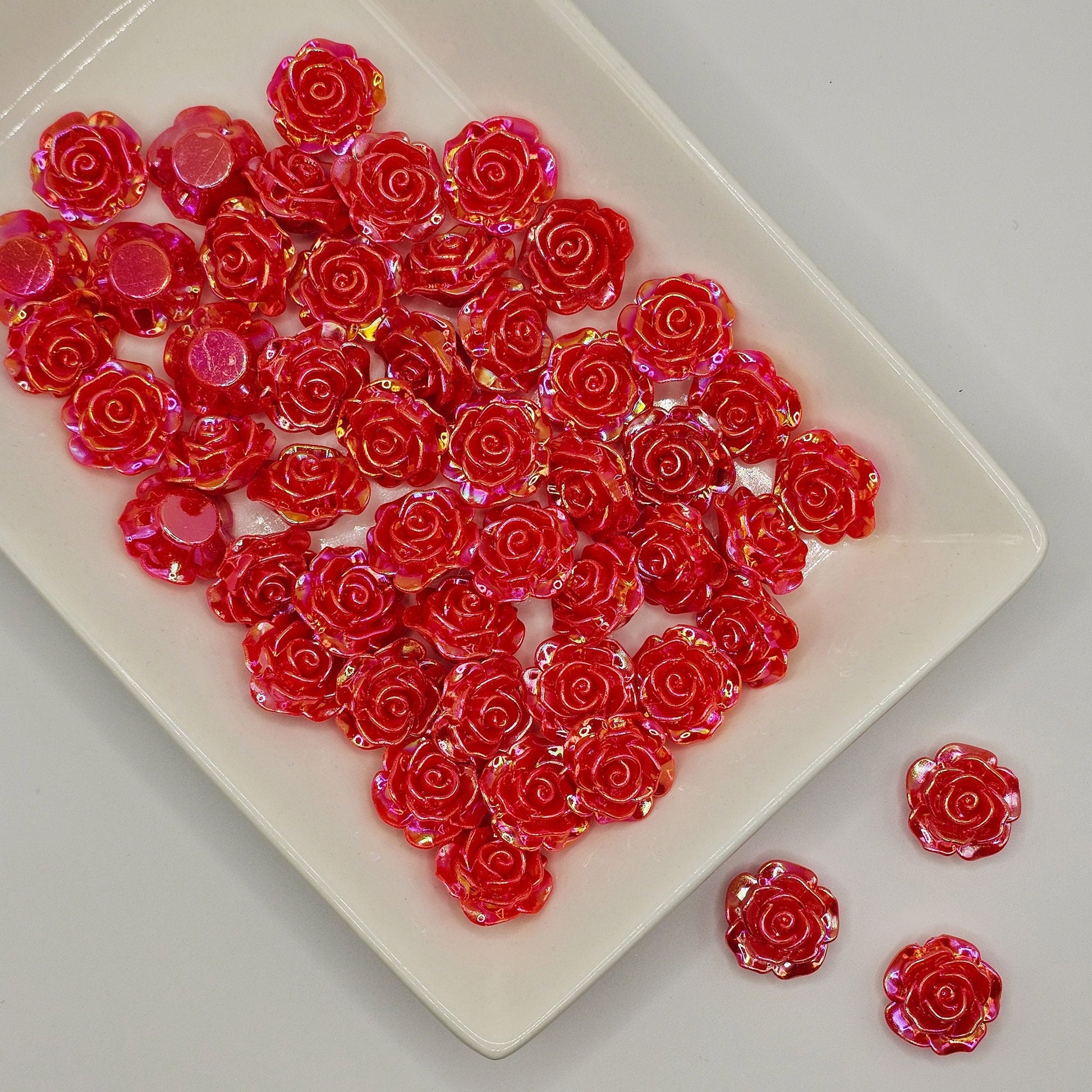 10/30 Pcs Iridescent color rose flower Beads Cabochon Resin Flat Back Cabochons, Loose Beads, charms with hole 18mm #CAB111