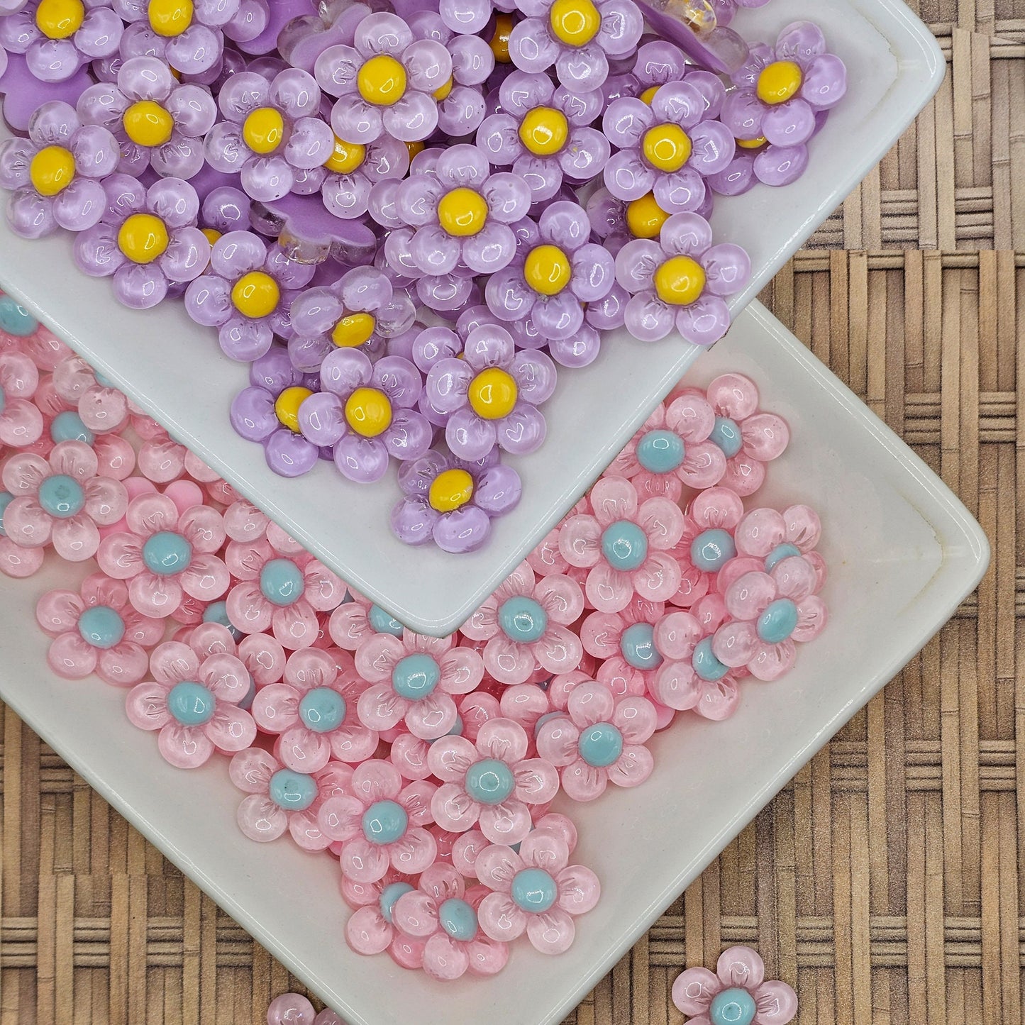 10/25 Pcs Translucent Round Flower Resin Flatback Cabochons Purple Pink 20mm #CAB010