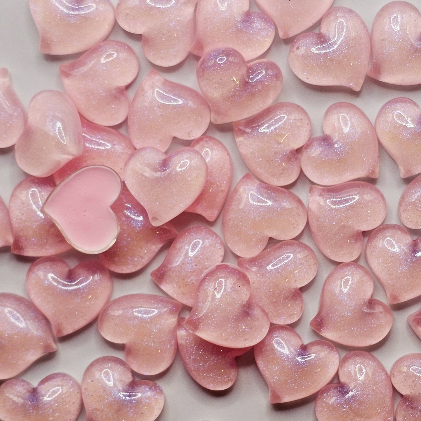 5/15 Pcs Translucent Shimmer Heart Flatback Cabochons, Glitter Hear Flat Back Cabochon, #CAB085