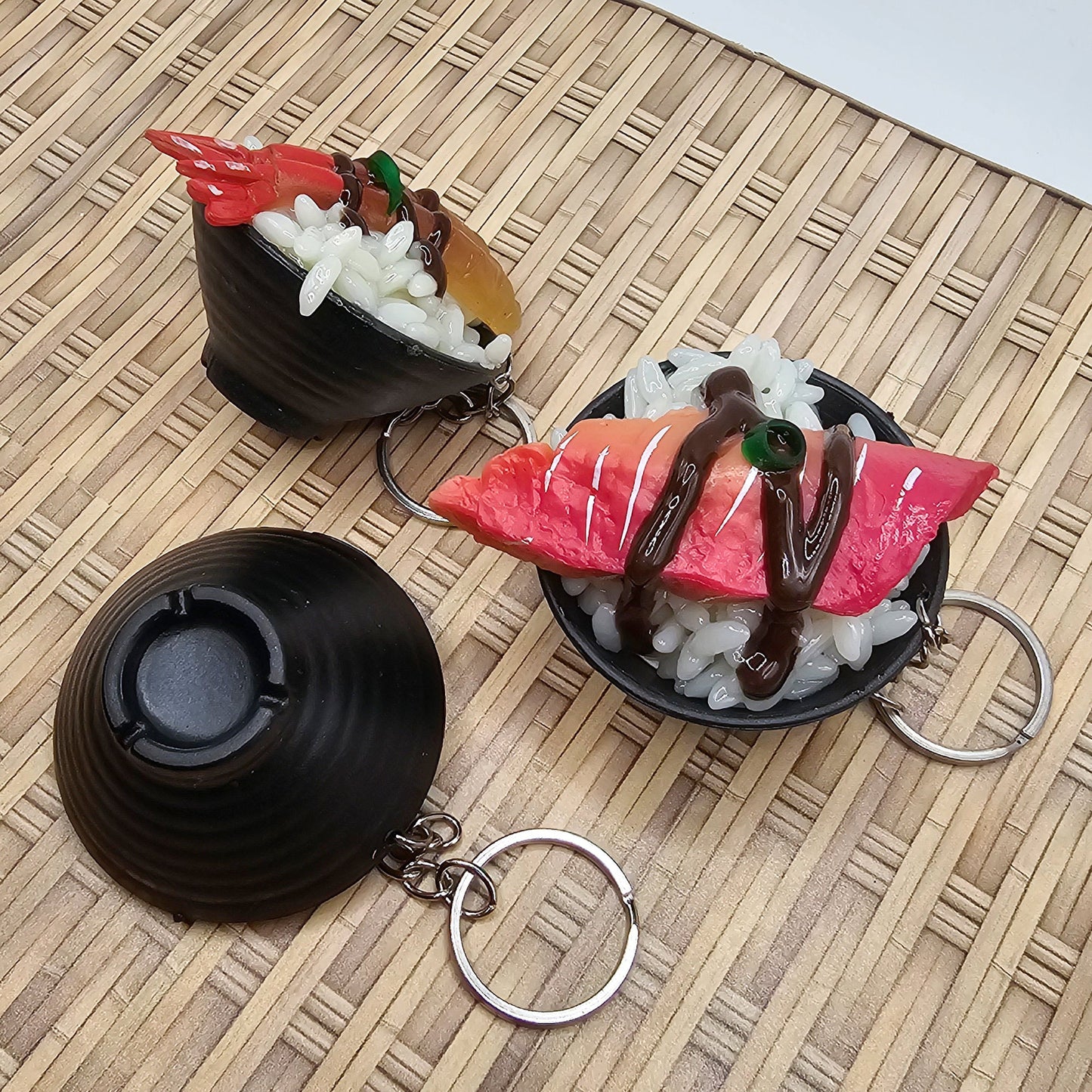 1 Pc Imitation Fake Food Japanese Sushi Rice Bowl, Beef Steak Caviar IKURA EBI Shrimp Key Ring, Key Chain Charms, Charm #KR015-17