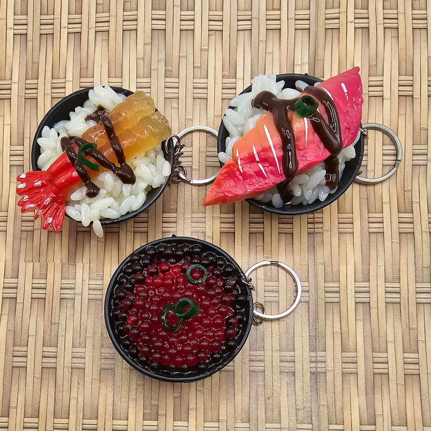 1 Pc Imitation Fake Food Japanese Sushi Rice Bowl, Beef Steak Caviar IKURA EBI Shrimp Key Ring, Key Chain Charms, Charm #KR015-17