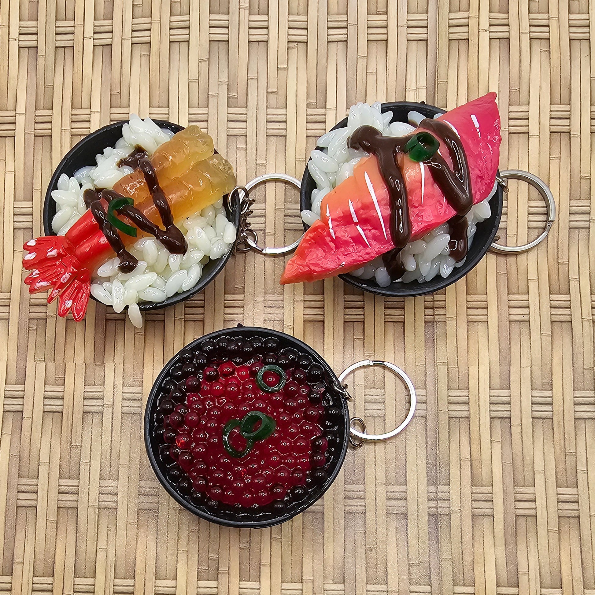 1 Pc Imitation Fake Food Japanese Sushi Rice Bowl, Beef Steak Caviar IKURA EBI Shrimp Key Ring, Key Chain Charms, Charm #KR015-17