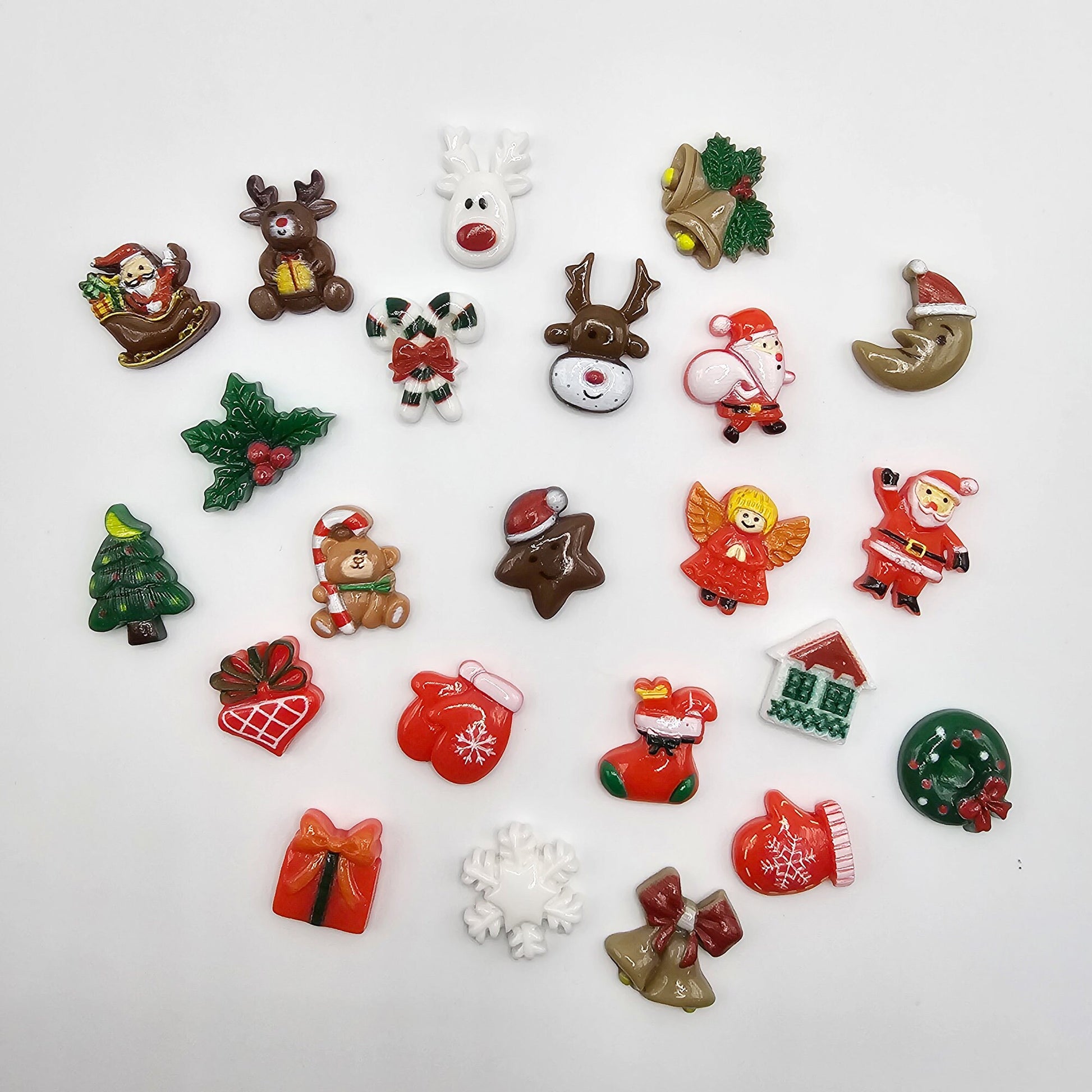 20 Pcs Mixed Bulk Lot Christmas Cabochons, Flat Back Resin Cabochon, Christmas Tree Socks Santa Snowman Rudolph Reindeer Snowman # CAB092