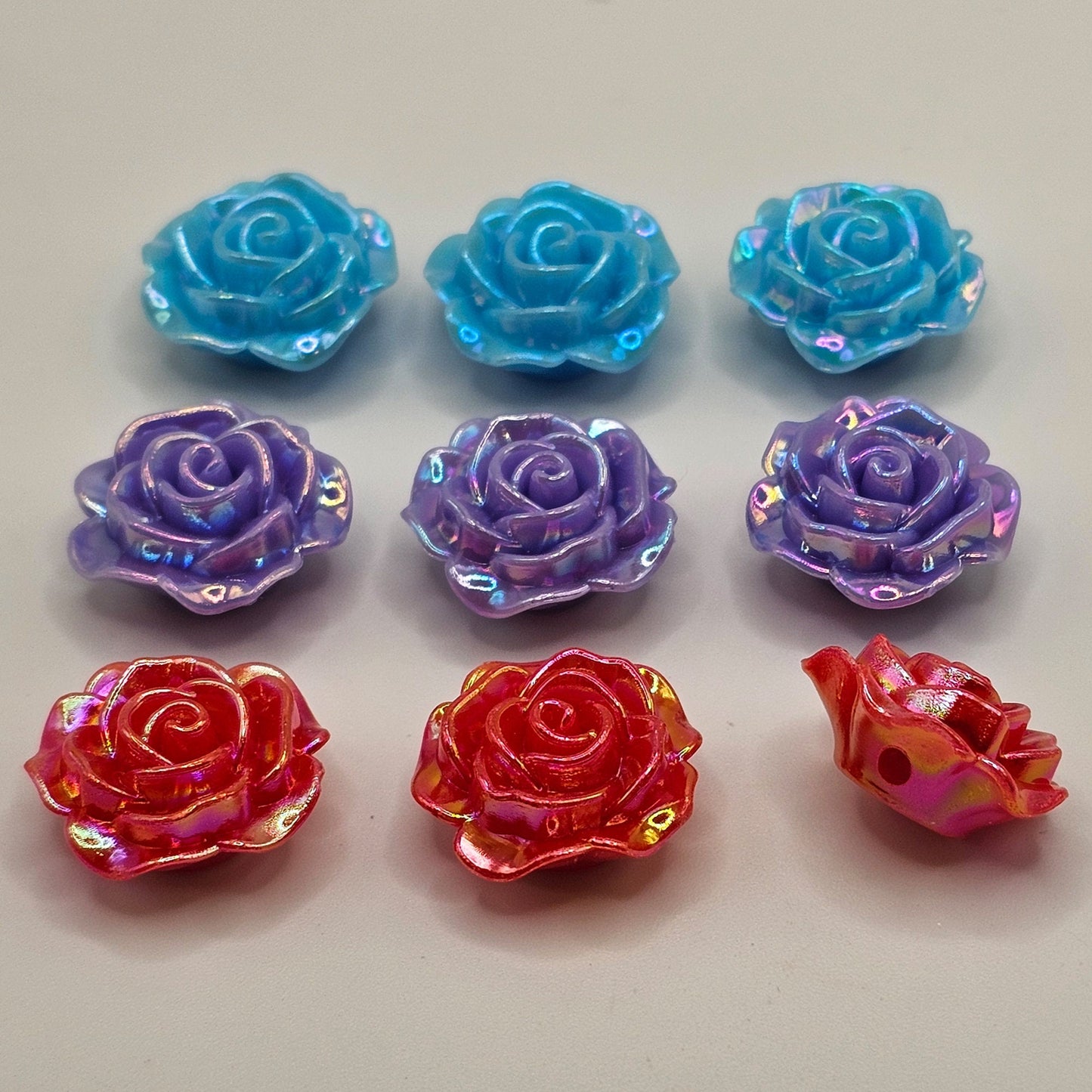 10/30 Pcs Iridescent color rose flower Beads Cabochon Resin Flat Back Cabochons, Loose Beads, charms with hole 18mm #CAB111