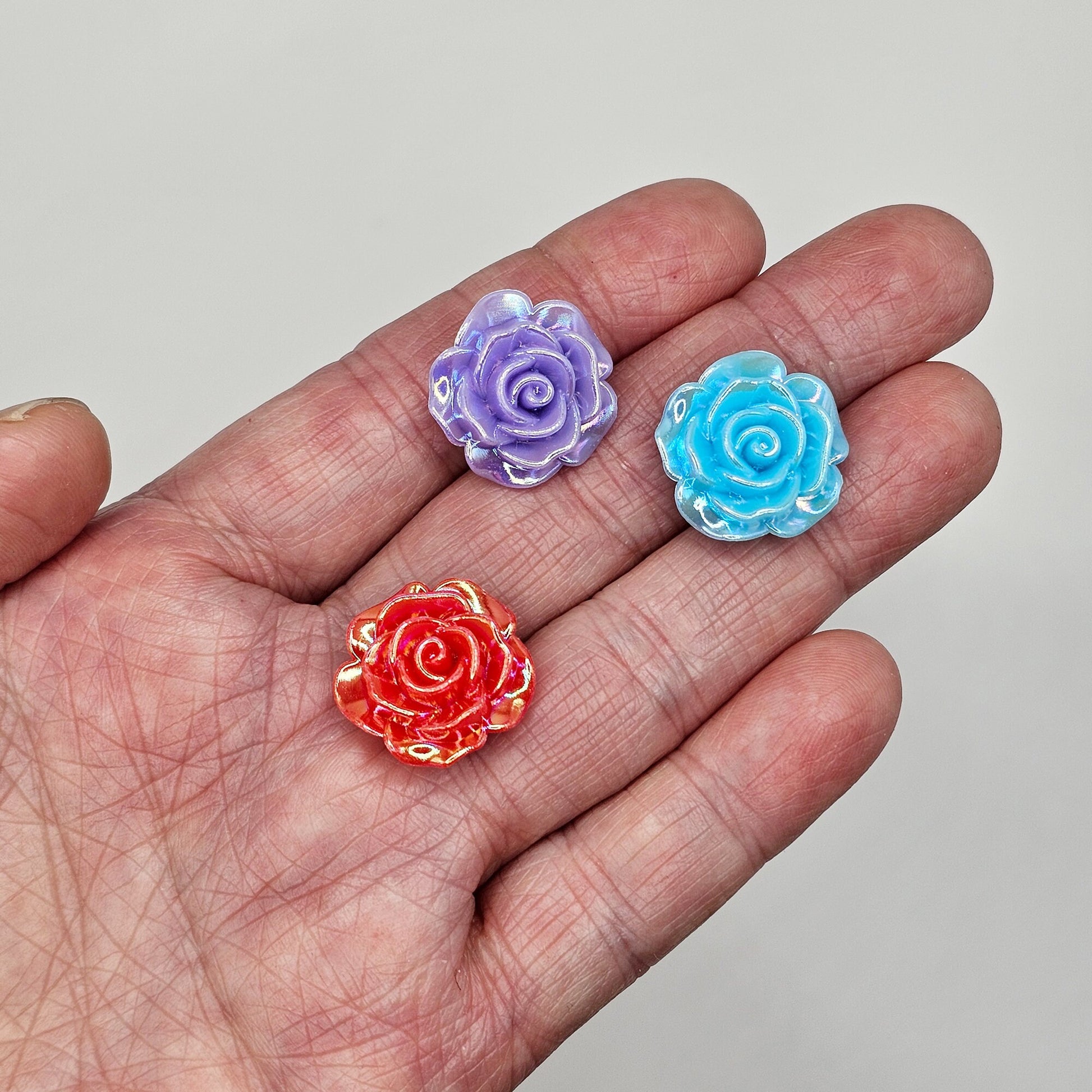 10/30 Pcs Iridescent color rose flower Beads Cabochon Resin Flat Back Cabochons, Loose Beads, charms with hole 18mm #CAB111