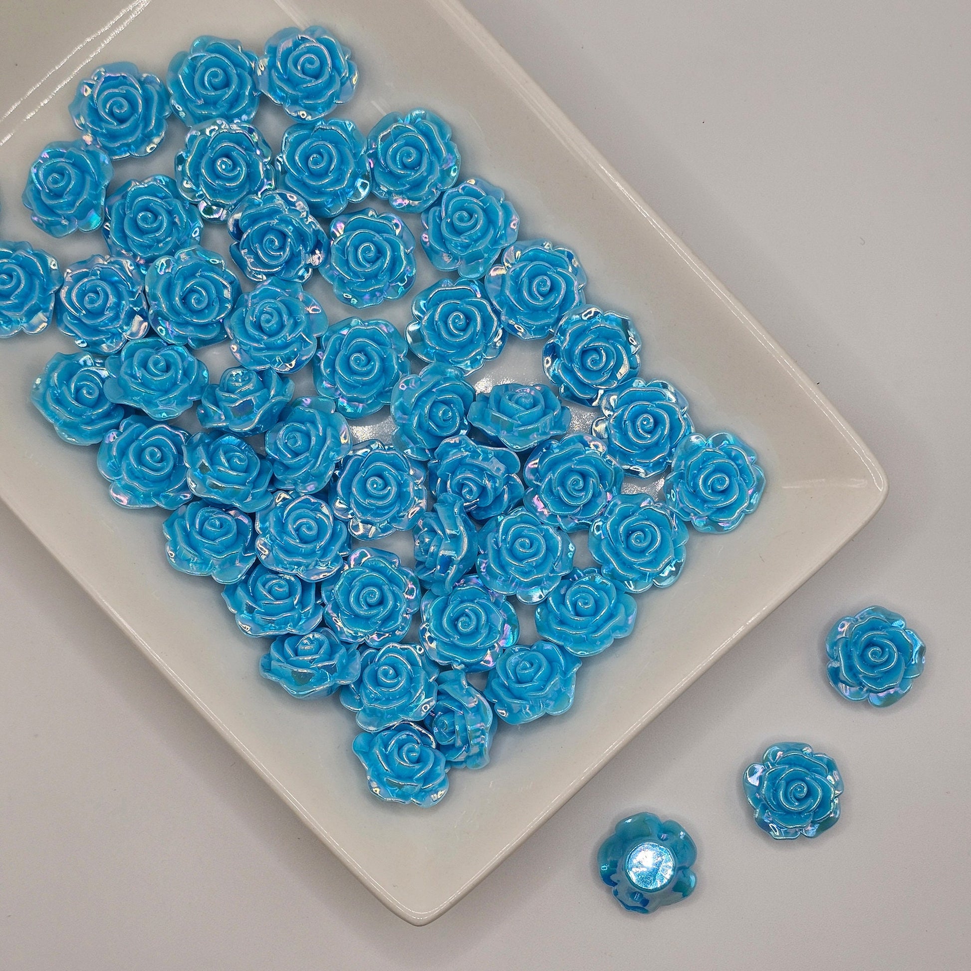 10/30 Pcs Iridescent color rose flower Beads Cabochon Resin Flat Back Cabochons, Loose Beads, charms with hole 18mm #CAB111