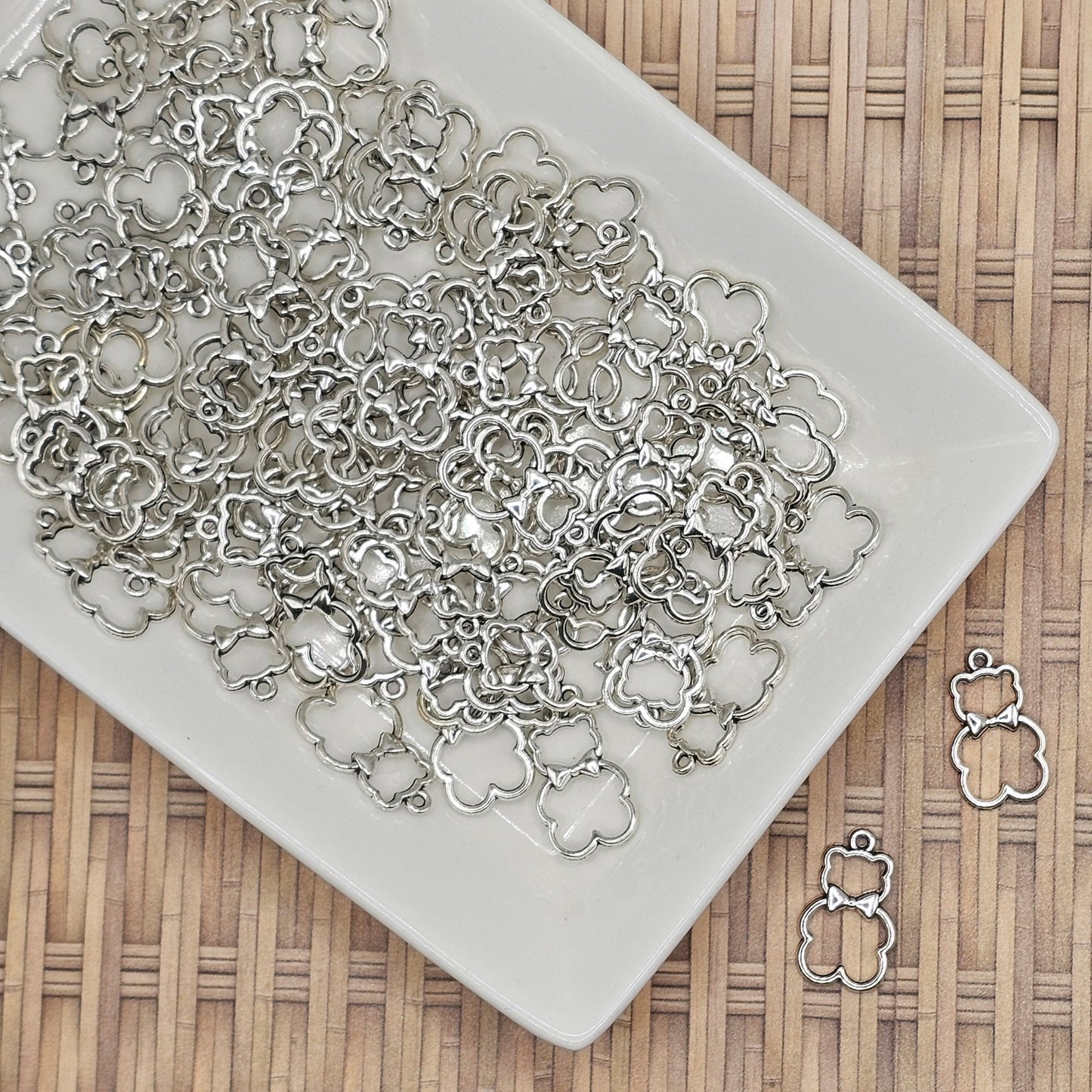 10/25/50 Pcs Hollow Style Bear bow Charm, Bear Charms, Silver Tone Charm, #CM033