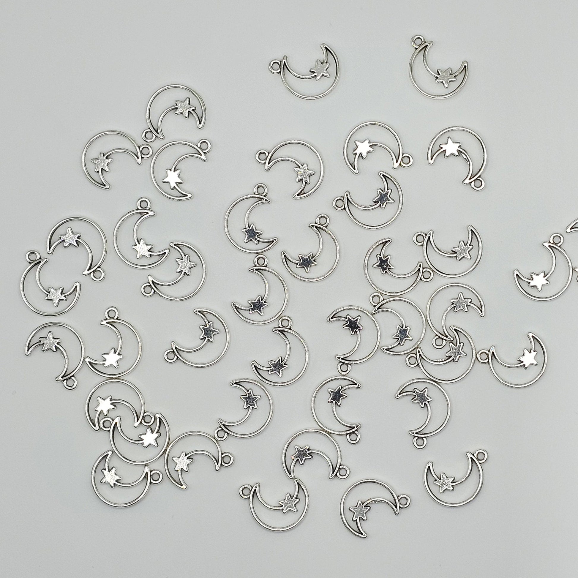 10/25/50 Pcs Hollow Moon Star Silver Tone Charm, Charms #CM043