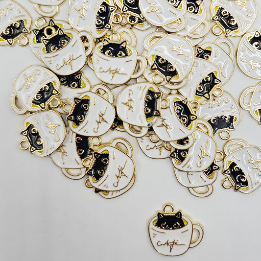 6/20 Pcs Peek-A-Boo Black Cat in White Coffee Cup Enamel Charms, Charm #CM051