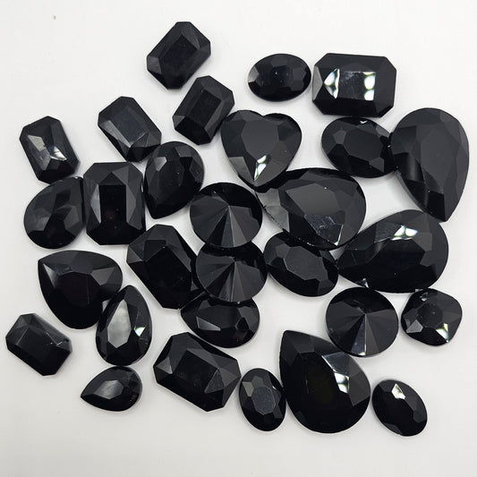 30 Pcs Opaque Black Mixed Shapes and Sizes Glass Point Back Gems Jewels Rhinestones Hearts Teardrop Rectangle Oval 10x14mm 13x18mm 18x25mm