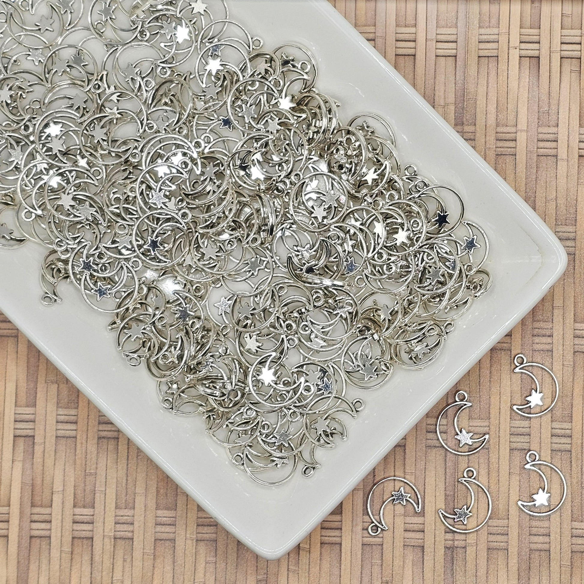 10/25/50 Pcs Hollow Moon Star Silver Tone Charm, Charms #CM043