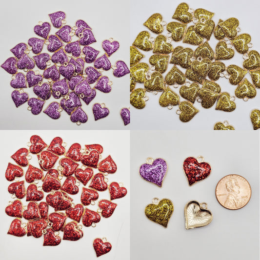 10 Pcs Glitter Heart Gold Tone Charm, Charms #CM049