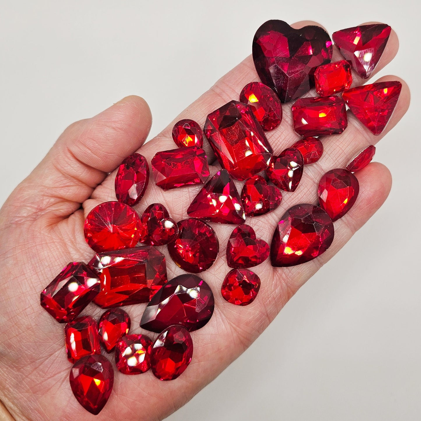 30 Pcs Red Mixed Shapes and Sizes Glass Point Back Gems Jewels Rhinestones Hearts Teardrop Rectangle Oval Round 10x14mm 13x18mm 18x25mm
