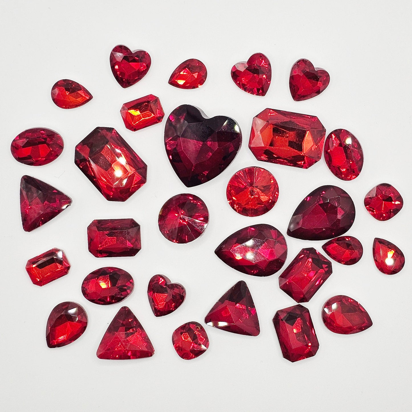 30 Pcs Red Mixed Shapes and Sizes Glass Point Back Gems Jewels Rhinestones Hearts Teardrop Rectangle Oval Round 10x14mm 13x18mm 18x25mm