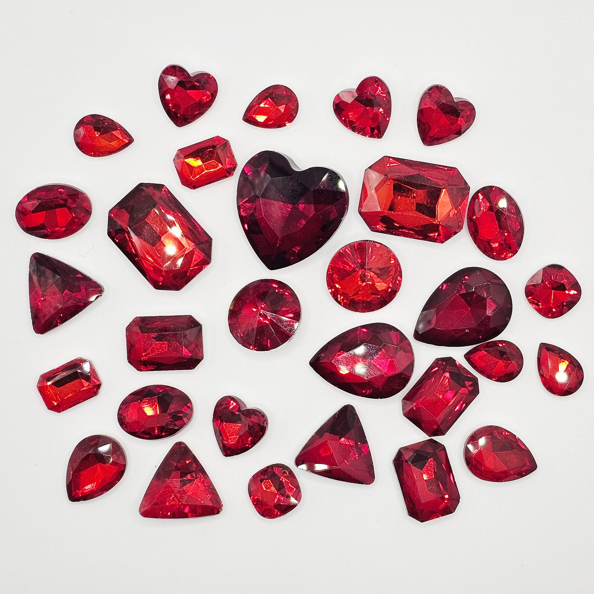 30 Pcs Red Mixed Shapes and Sizes Glass Point Back Gems Jewels Rhinestones Hearts Teardrop Rectangle Oval Round 10x14mm 13x18mm 18x25mm