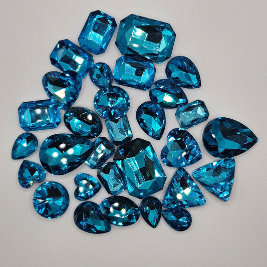 30 Pcs Turquoise Blue Mixed Shapes and Sizes Glass Point Back Gems Jewels Rhinestones Hearts Teardrop Rectangle Oval 10x14mm 13x18mm 18x25mm