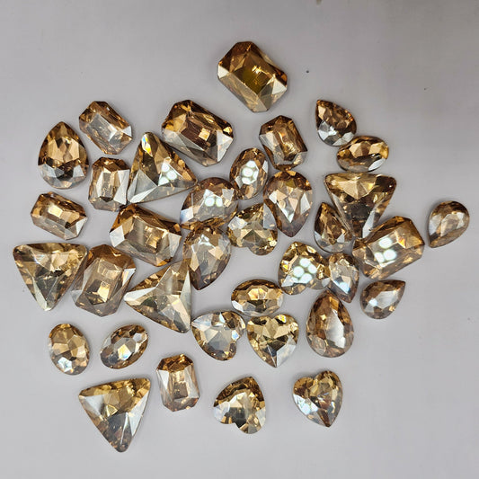 30 Pcs Champagne Mixed Shapes and Sizes Glass Point Back Gems Jewels Rhinestones Hearts Teardrop Rectangle Oval Round 10x14mm 13x18mm