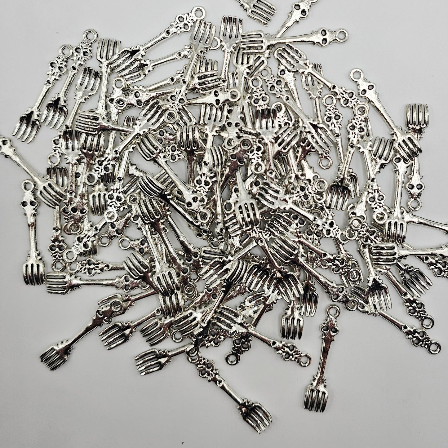 10/25/50 Pcs Fork Silver Tone Charm, Miniature Cutlery Tableware Charms #CM035