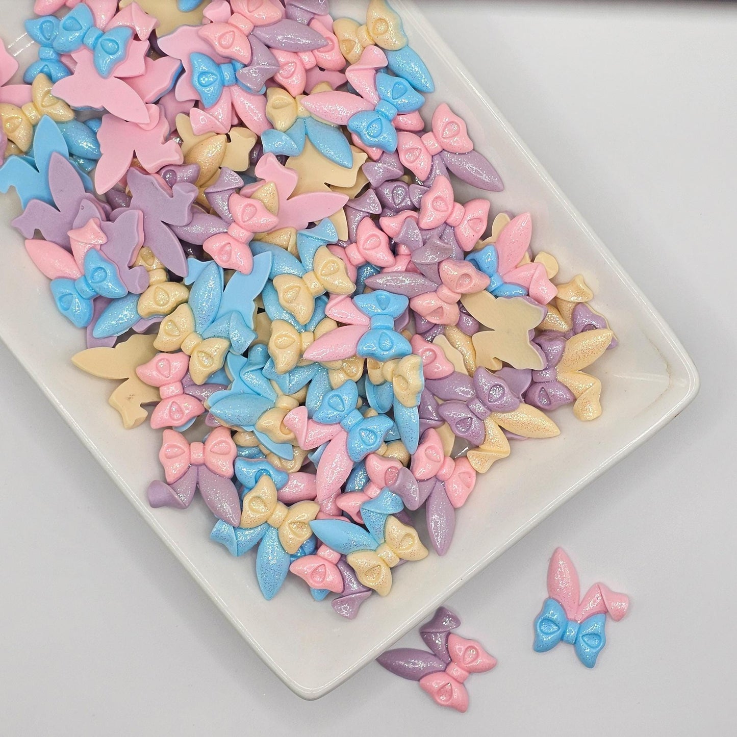 4 Pcs Glitter Shimmer Floppy Bunny Ear Bow Flat Back Resin Cabochon, Rabbit Ear Cabochons, #CAB147