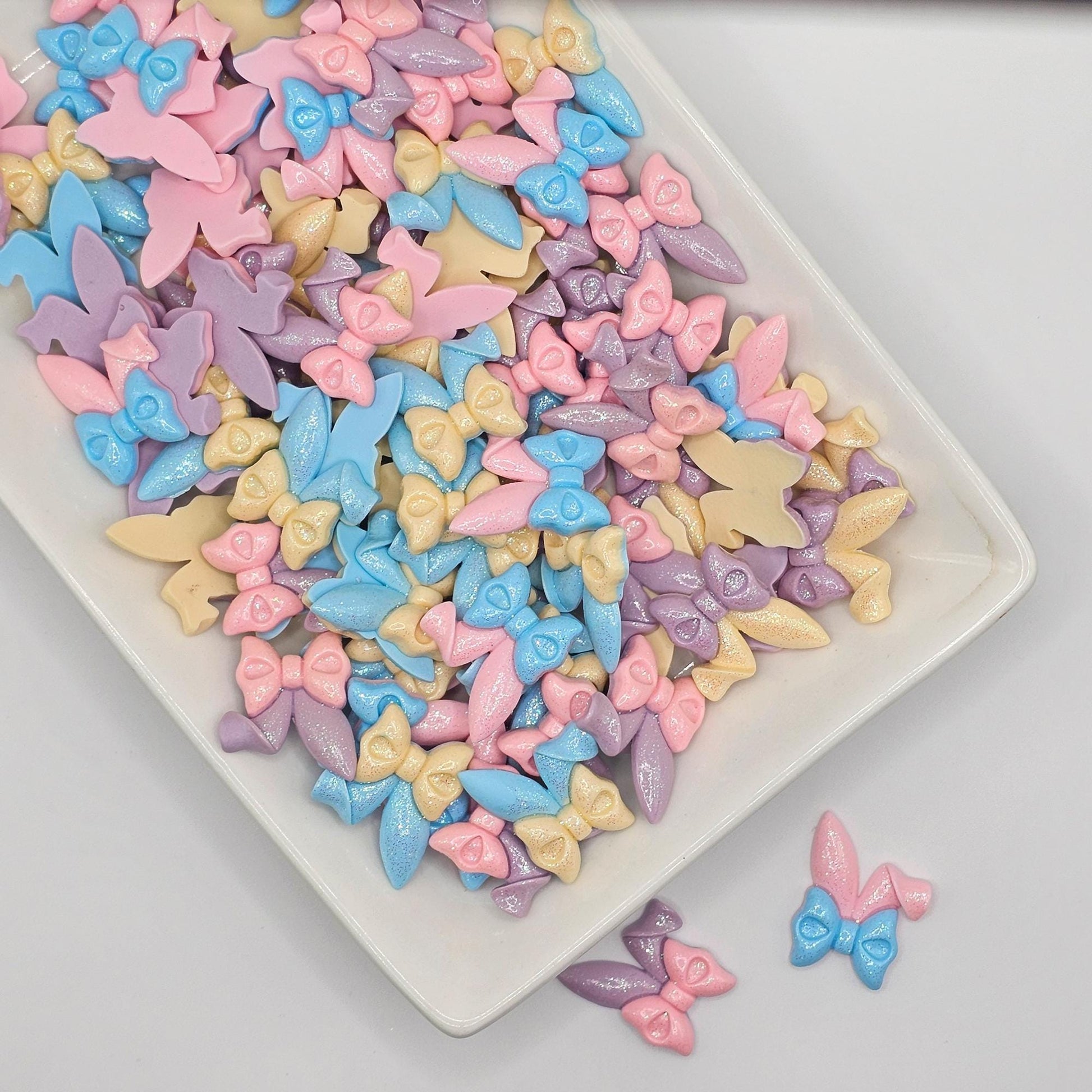 4 Pcs Glitter Shimmer Floppy Bunny Ear Bow Flat Back Resin Cabochon, Rabbit Ear Cabochons, #CAB147