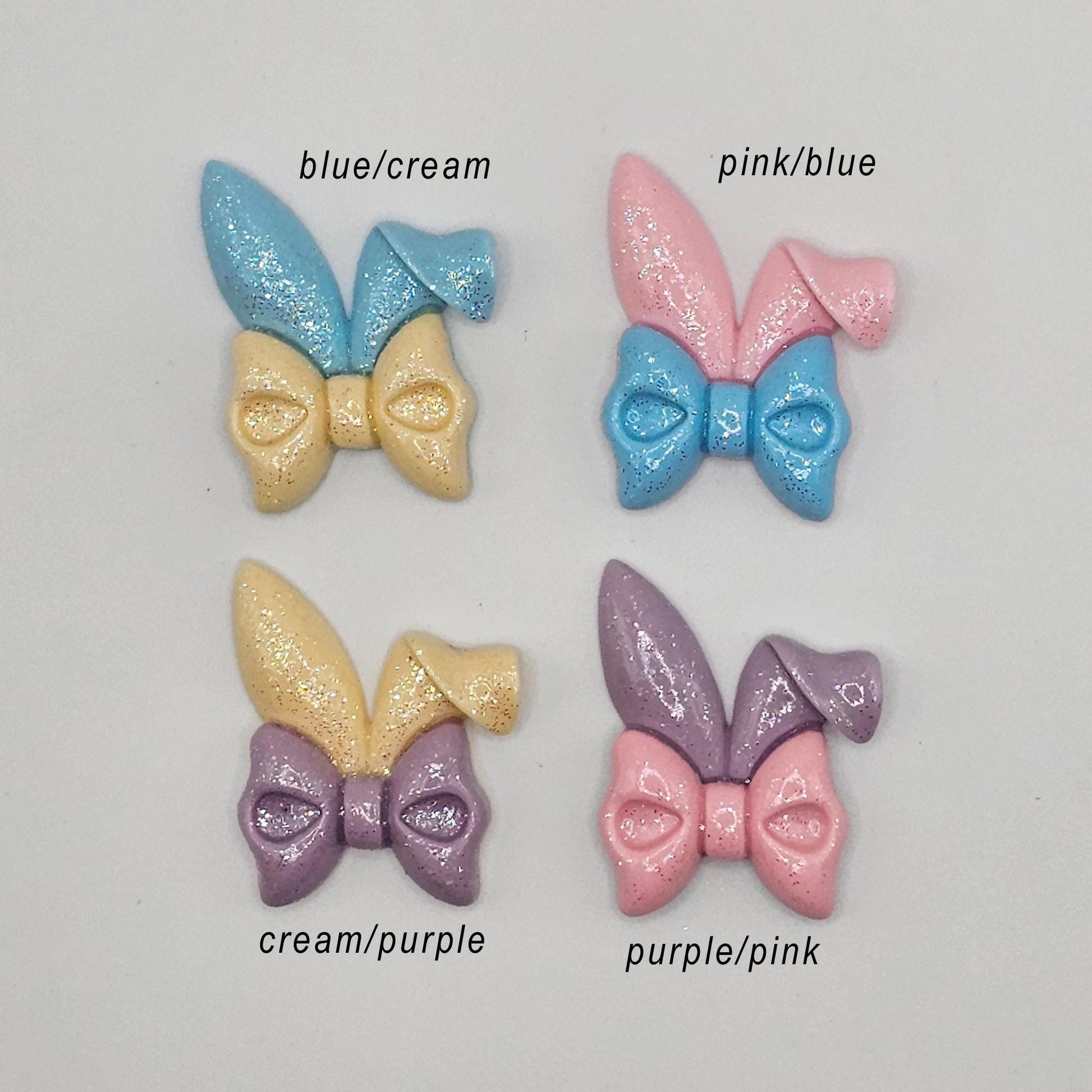 4 Pcs Glitter Shimmer Floppy Bunny Ear Bow Flat Back Resin Cabochon, Rabbit Ear Cabochons, #CAB147