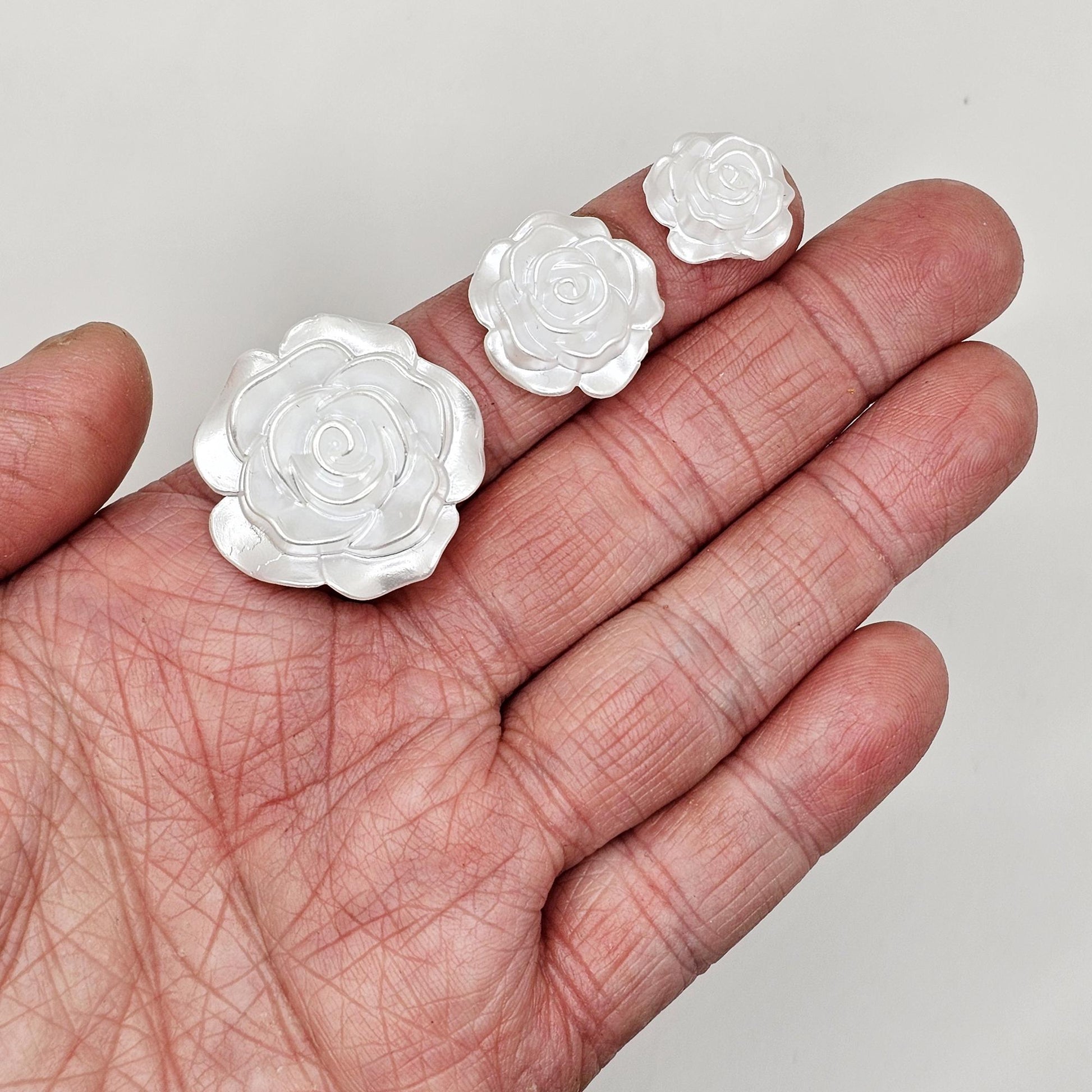 10 Pcs Pearl White Rose Flower Cabochon Resin Flatback Flower Deco DIY Craft Cabochons 28mm, 20mm, 15mm #CAB151