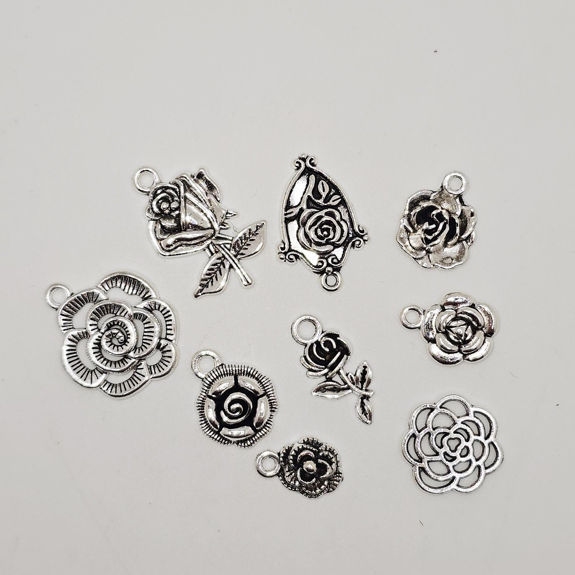 9 Pcs Mixed Antique Silver Tone Rose Flower Charm, Charms #CM109