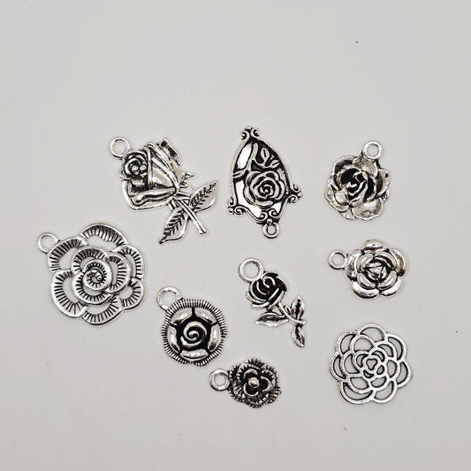 9 Pcs Mixed Antique Silver Tone Rose Flower Charm, Charms #CM109