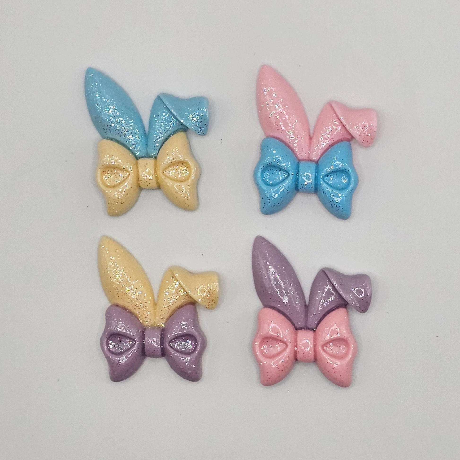 4 Pcs Glitter Shimmer Floppy Bunny Ear Bow Flat Back Resin Cabochon, Rabbit Ear Cabochons, #CAB147