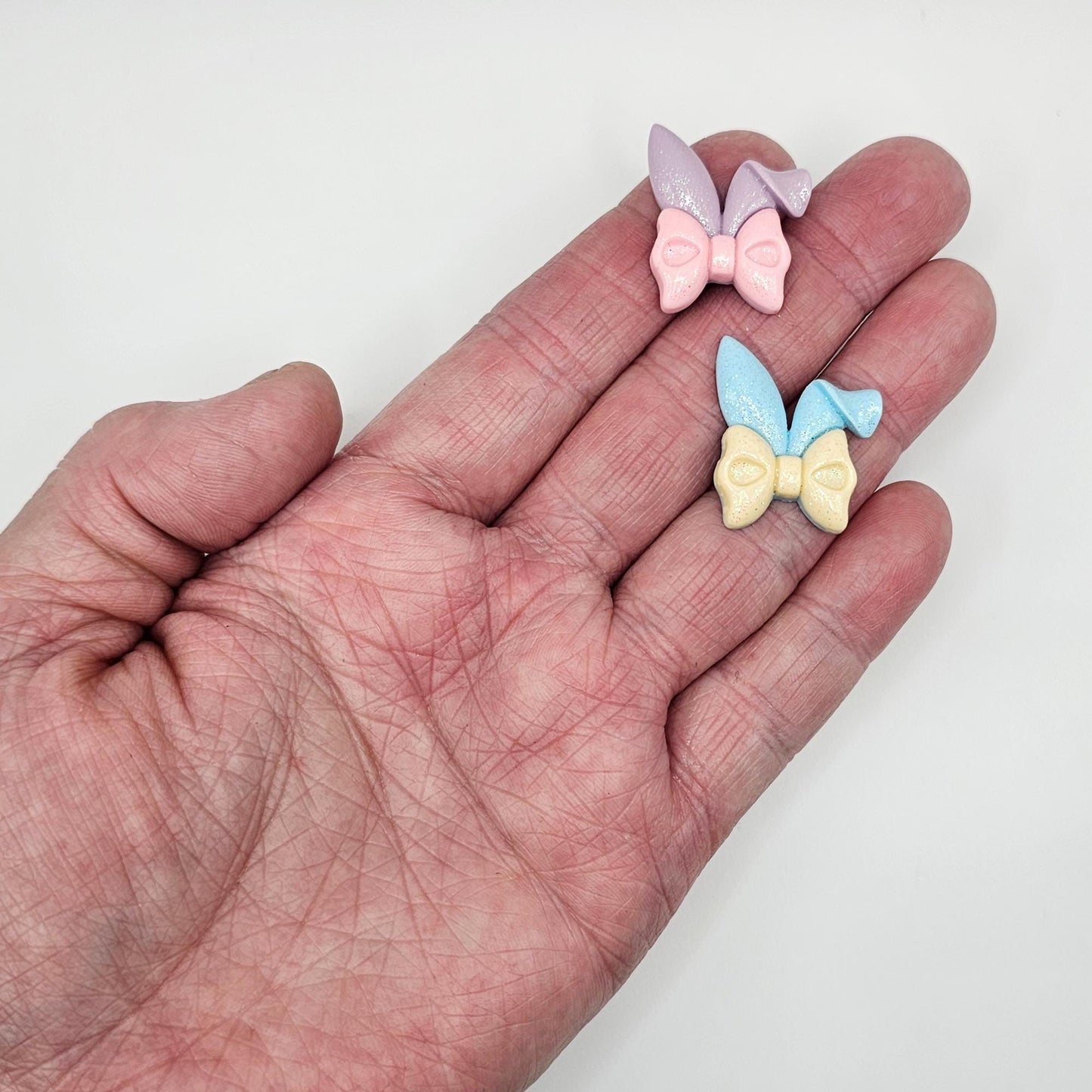 4 Pcs Glitter Shimmer Floppy Bunny Ear Bow Flat Back Resin Cabochon, Rabbit Ear Cabochons, #CAB147