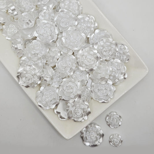 10 Pcs Pearl White Rose Flower Cabochon Resin Flatback Flower Deco DIY Craft Cabochons 28mm, 20mm, 15mm #CAB151