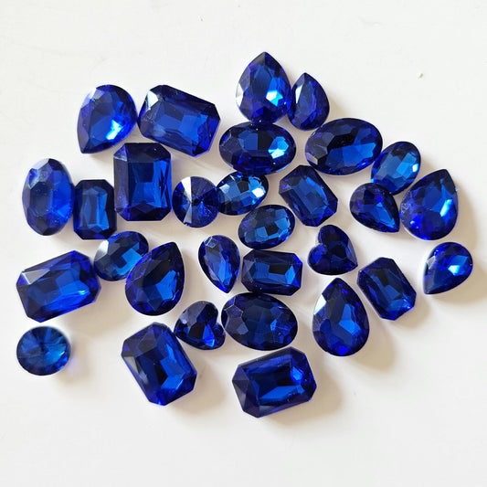 30 Pcs Sapphire Blue Mixed Shapes and Sizes Glass Point Back Gems Jewels Rhinestones Hearts Teardrop Rectangle Oval Round 10x14mm 13x18mm